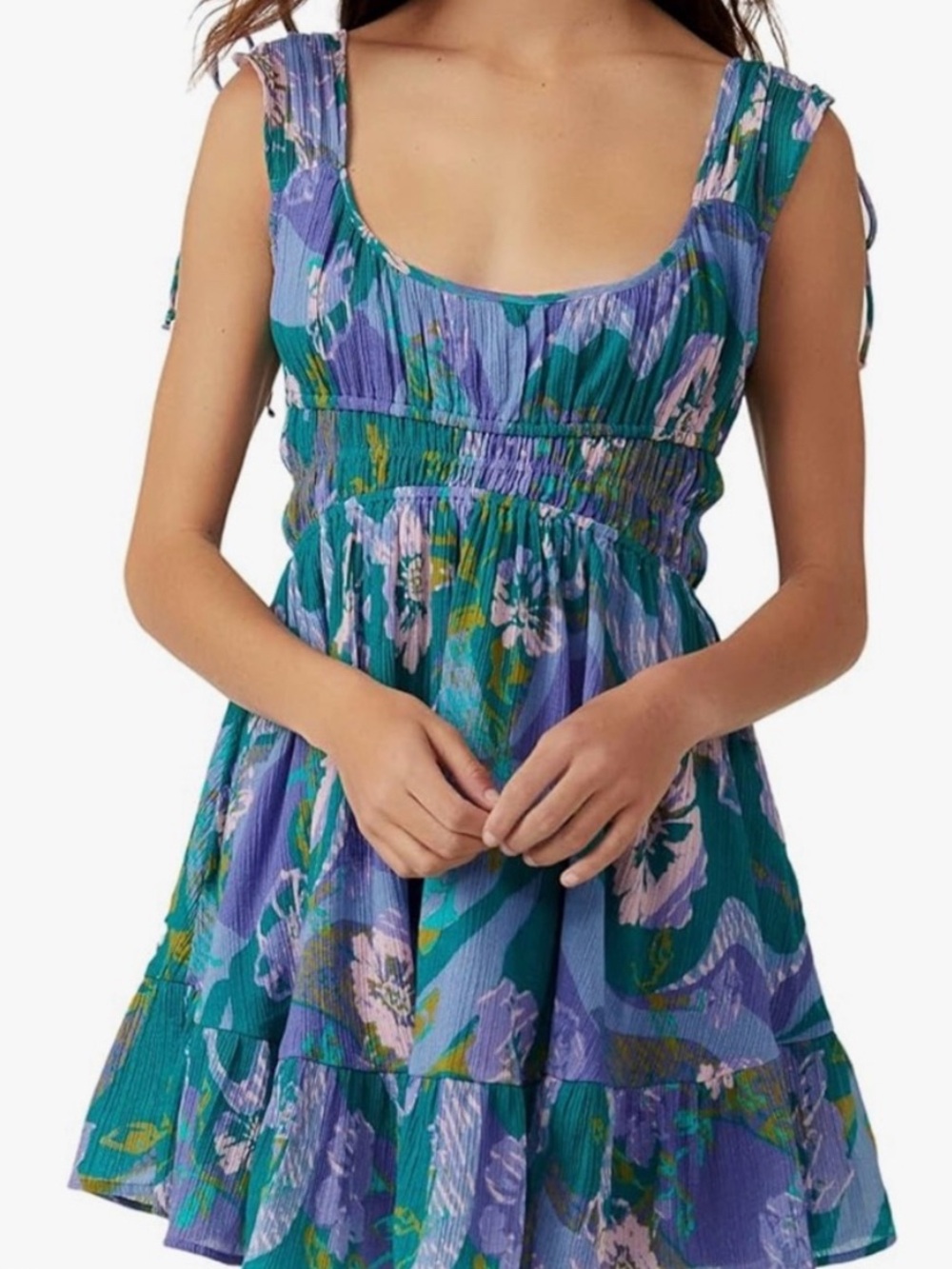 Free People Teal & Lavender Floral Babydoll Mini Dress
